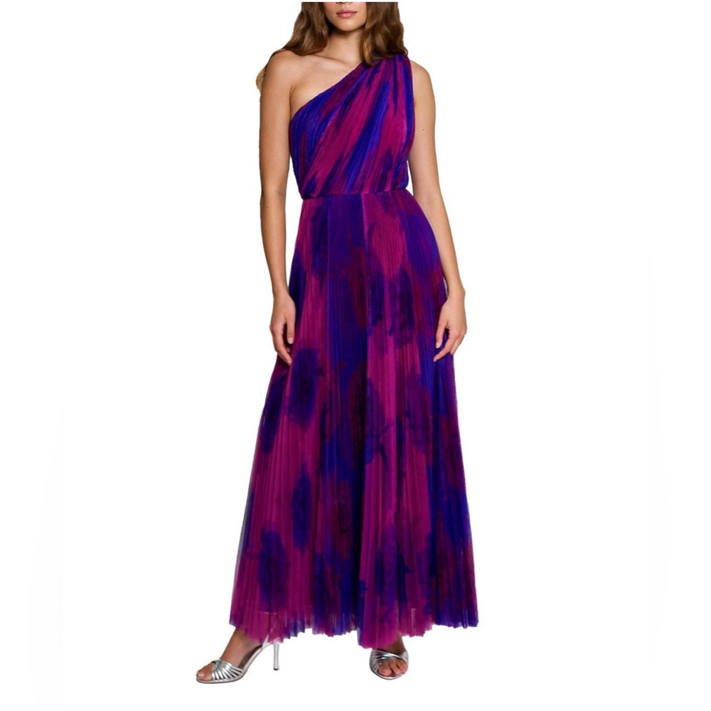 Hutch Tarina Pleated One Shoulder Gown in Vibrant Purple and Pink, New